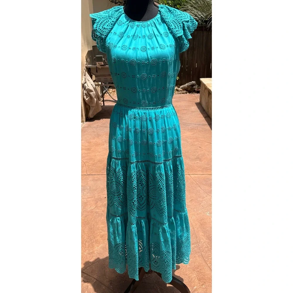 Antonio Melani Turquoise Eyelet Lace Midi Dress S10 Cotton Lined Flutter Sleeve - Picture 2 of 12